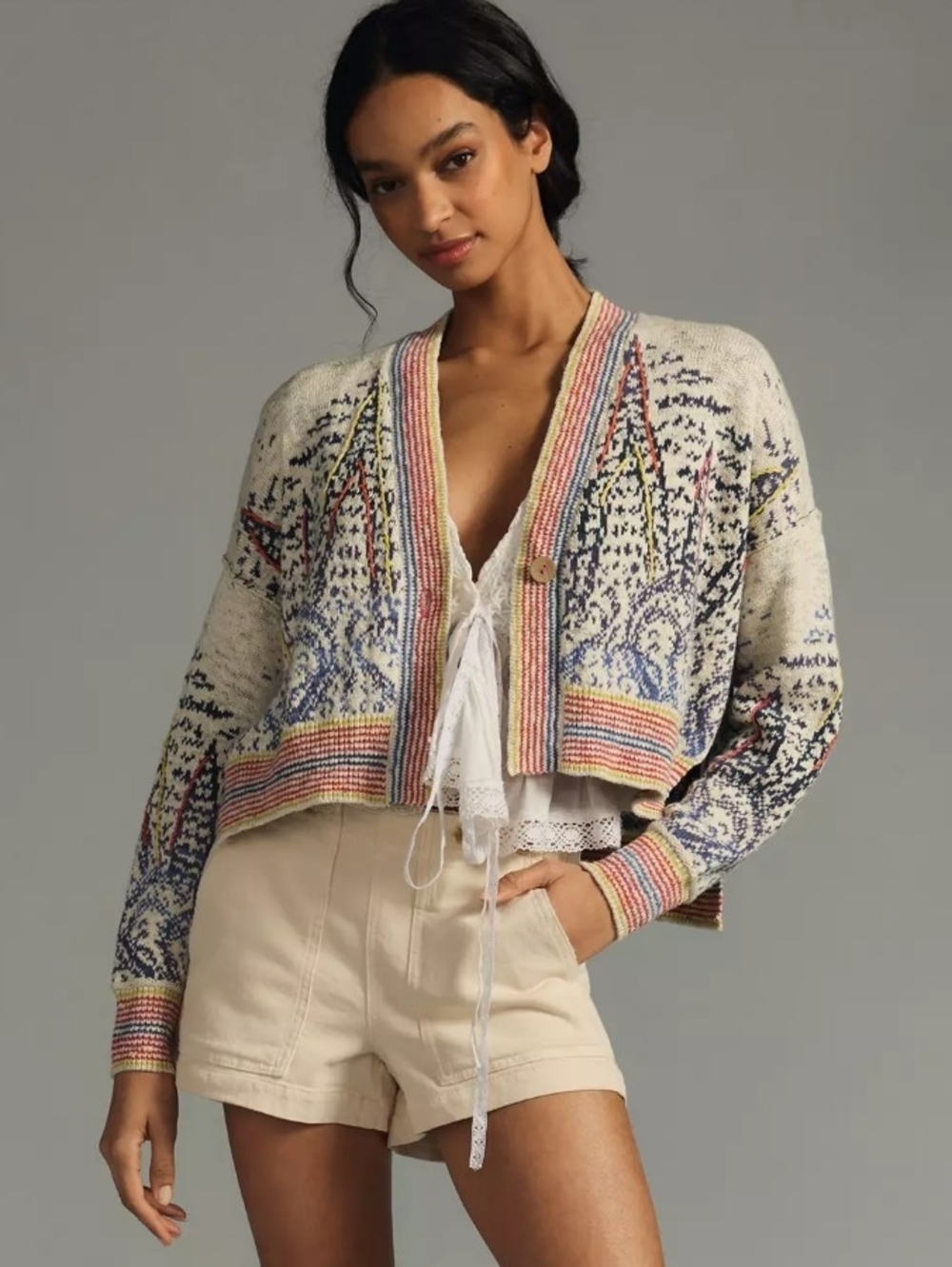 Pilcro Cream Cropped Cardigan with Pink, Blue, Yellow and Navy Pattern